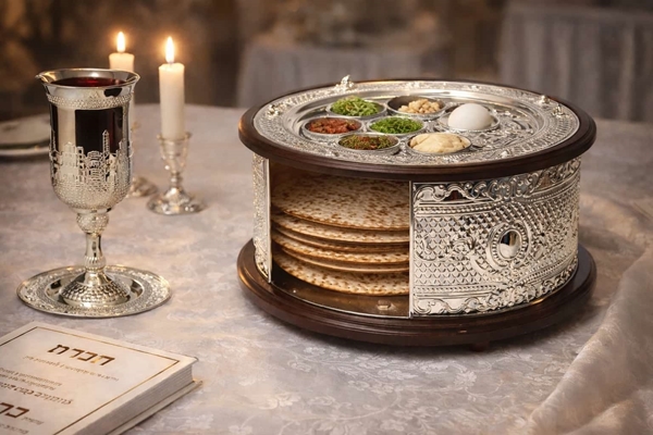 תמונה של קערת ליל הסדר 3 קומות משולב עץ וציפוי כסף טהור